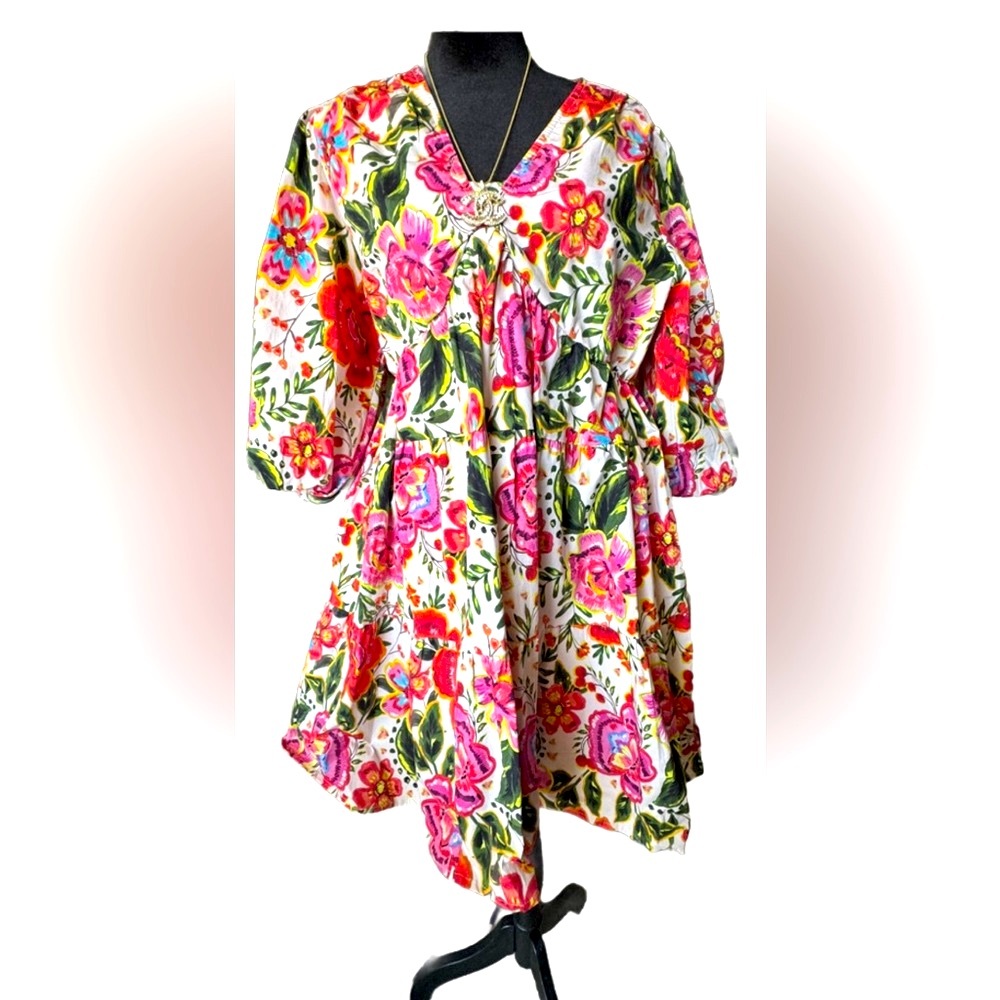 Leota Floral Dress with Pink and Green Accents ballon 3/4 sleeves v-neck sz M